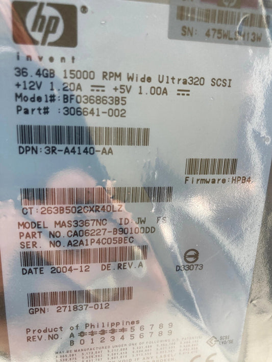 Disco Duro HP 36.4GB SCSI U320 15K 80-Pin (BF036863B5 / 306641-002 / 271837-012 / MAS3367NC)